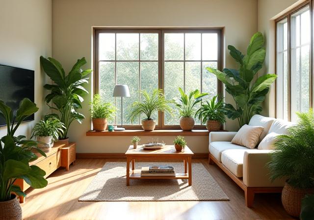 Interno casa ecosostenibile con piante e luce naturale